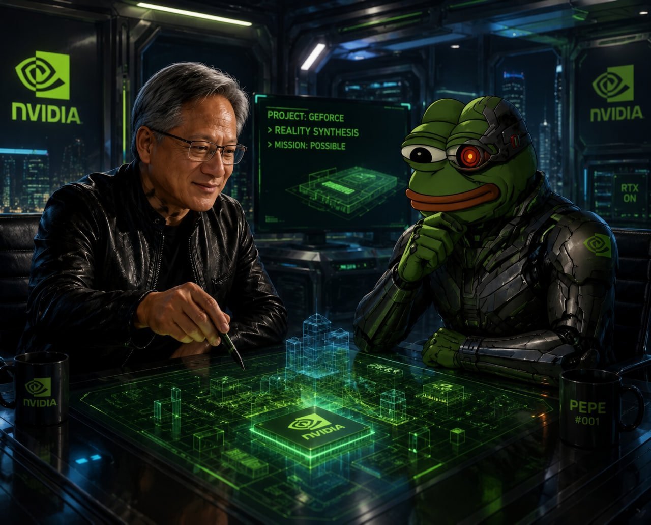 Cyborg Pepe and a man in a leather jacket study a glowing NVIDIA chip and holographic city across a table