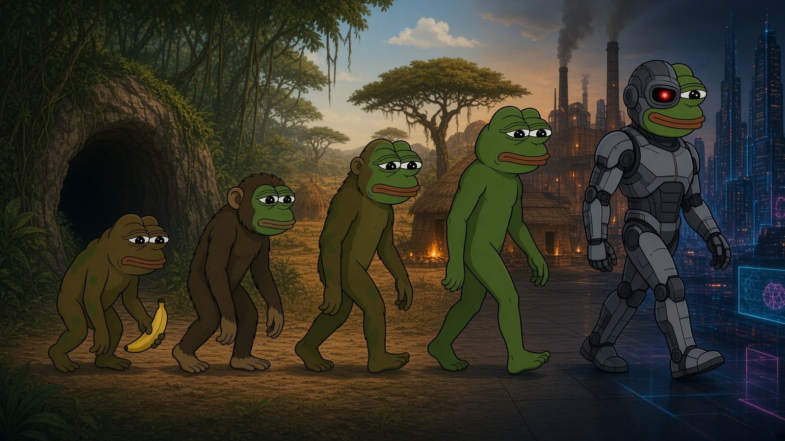 Five Pepe figures evolve from a primitive frog into an armored cyborg as jungle becomes a futuristic city