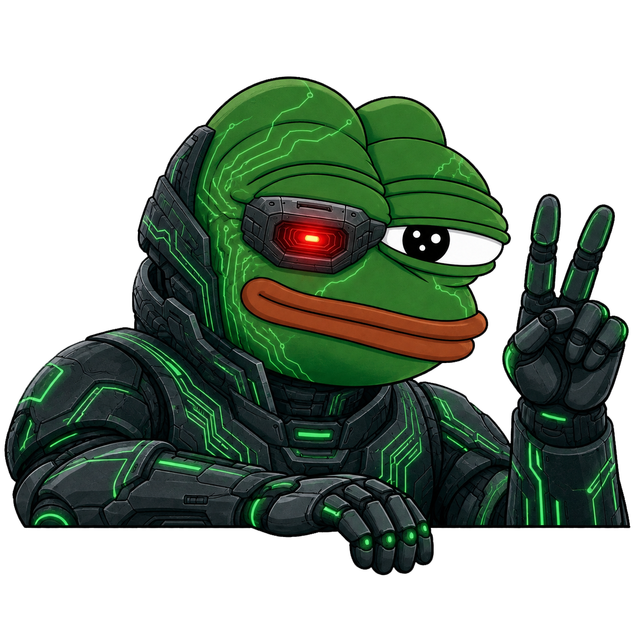Artificial Pepe wearing dark armor and a red cybernetic monocle, raising a peace sign